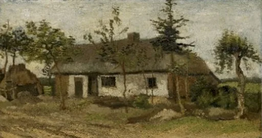 Reproduction à l'huile peinte à la main de la Chaumière de Vincent van Gogh, une basse chaumière brabançonne au toit de chaume nichée dans les champs sous un vaste ciel nuageux