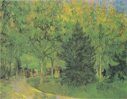 Handmáluð olíuafrit af Stíg í almenningsgarðinum í Arles eftir Vincent van Gogh, skuggalegum stíg í gegnum bæjargarðinn