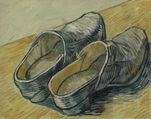 Reproduction à l'huile peinte à la main de la Paire de sabots de cuir de Vincent van Gogh, une paire usée de sabots de cuir à semelle de bois sur un fond neutre