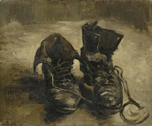 Reproduction à l'huile peinte à la main d'Une paire de souliers de Vincent van Gogh, une paire de bottines de cuir brun usées sur un fond neutre