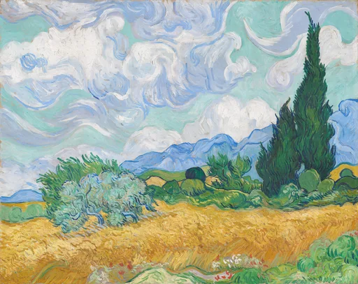 Handmáluð olíuafritun af verkum Vincent van Gogh, Hveitiakur með sýprusum, gullinn akur sem rennur að Alpilles-hæðunum með logalíkum sýprusum undir hvirfilhimni
