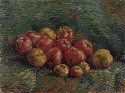 Reproduction à l'huile peinte à la main des Pommes de Vincent van Gogh, un amoncellement de pommes rouges, vertes et dorées aux touches de couleur fraîches
