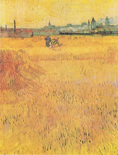 Handmáluð olíuendurgerð af Arles Sýn úr Hveitiökrunum eftir Vincent van Gogh, þroskaðri gullgulu hveiti fyrir framan þök og turna Arles