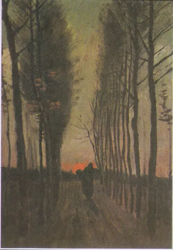 Reproduction à l'huile peinte à la main de l'Allée de peupliers au coucher du soleil de Vincent van Gogh, de sveltes peupliers se découpant contre un coucher de soleil orange rougeoyant