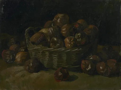 Reproduction à l'huile peinte à la main du Panier de pommes de Vincent van Gogh, un panier grossier de pommes mûres dans des rouges, verts et ors chauds sur un fond sombre