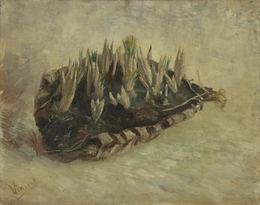 Reproduction à l'huile peinte à la main du Panier de bulbes de crocus de Vincent van Gogh, un panier plat de bulbes germés aux teintes fraîches et délicates