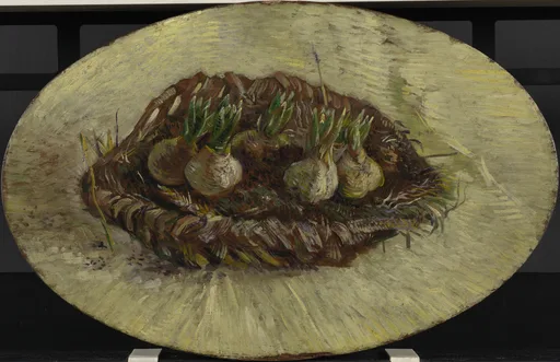 Reproduction à l'huile peinte à la main du Panier de bulbes de jacinthes de Vincent van Gogh, un panier peu profond de bulbes en germination aux couleurs fraîches et délicates