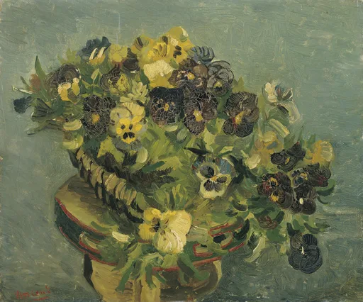 Handmáluð olíuafritun af Körfu með stjúpum eftir Vincent van Gogh, grunn karfan full af fjólubláum og gulum stjúpum á borði