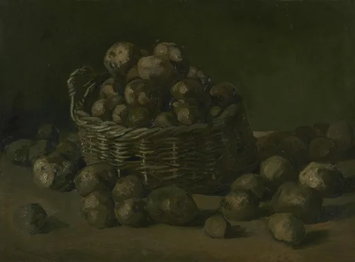 Reproduction à l'huile peinte à la main d'un Panier de pommes de terre de Vincent van Gogh, un panier rempli de pommes de terre dans des bruns chauds et de l'ocre sur un fond sombre