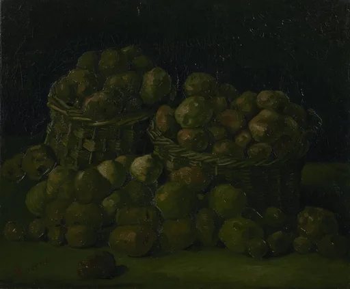 Reproduction à l'huile peinte à la main du Panier de pommes de terre de Vincent van Gogh, un panier grossier comble de pommes de terre dans des tons chauds de brun et d'ocre