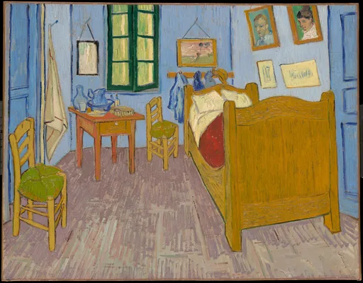 Handmálað olíumálverk eftir Vincent van Gogh, endurgerð af Svefnherbergið í Arles, herbergi hans með gulu rúmi, bláum veggjum og samstæðum húsgögnum