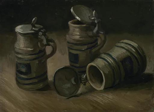 Reproduction à l'huile peinte à la main des Chopes à bière de Vincent van Gogh, une rangée de chopes et de pichets à bière en grès sur une table dans des tons chauds et terreux