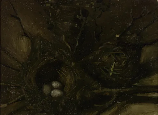 Reproduction à l'huile peinte à la main de la Nature morte aux nids d'oiseaux de Vincent van Gogh, un ensemble de nids d'oiseaux tressés se détachant sur un fond très sombre