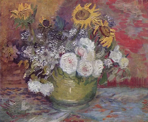 Handmáluð olíuafritun af Bowl with Sunflowers Roses and Other Flowers eftir Vincent van Gogh, sólblómum rósum og öðrum sumarblómum hrúguðum í breiðri skál