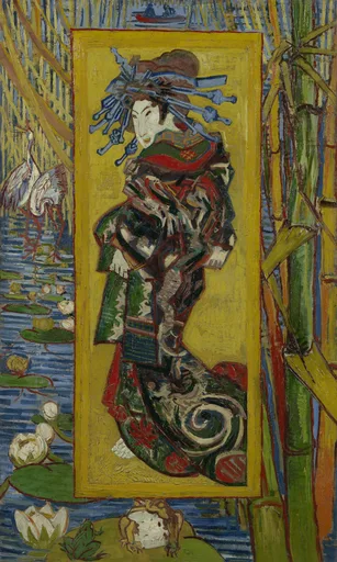 Handmáluð olíumynd af eftirmynd eftir Vincent van Gogh, kurtisana eftir Eisen, japönsk kurtisana í mynstraðri kimono gegn gulum grunni með bambus- og trönuborða.