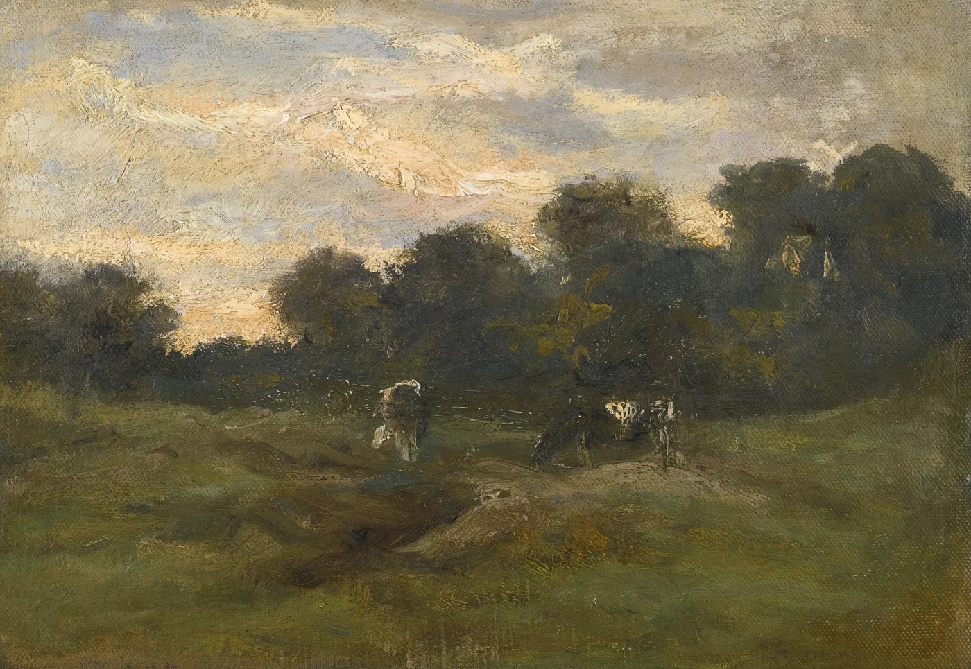 Handmáluð olíureproduktion af Kýr á engi eftir Vincent van Gogh, nautgripir á sléttu hollensku engi undir víðum himni