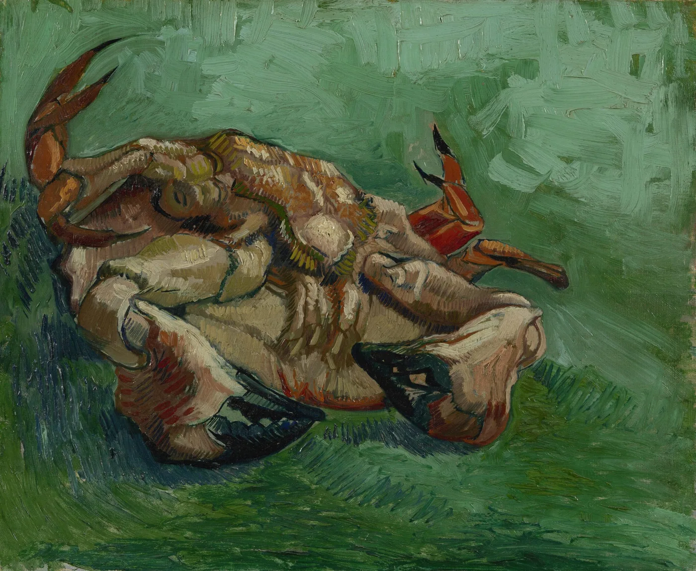 Handmálað olíumálverk eftir Vincent van Gogh, endurgerð af Krabbi á baki, appelsínugulur krabbi á hvolfi á skærgrænum grunni