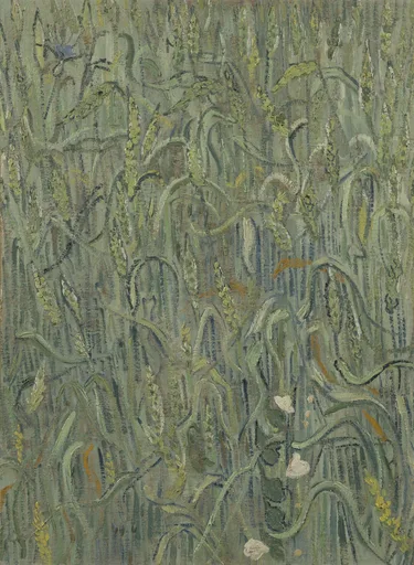 Handmálað olíumálverk eftir Vincent van Gogh, endurgerð af Hveitiöx, nærmynd af þéttum grænum hveitistönglum og þroskandi öxum án himins