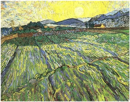 Handmáluð olíuafritun af Afgirtu túni með rísandi sólu eftir Vincent van Gogh, afgirt tún af grænu hveiti undir mikilli rísandi sólu.
