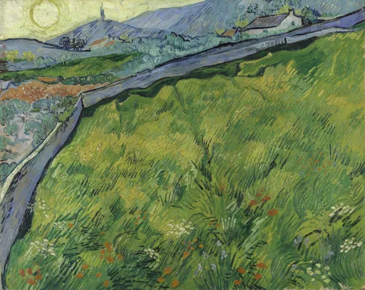 Handmáluð olíuafritun af verkum Vincent van Gogh, Afgirt hveitiakur með rísandi sólu, mikil sól að klifra yfir afgirtan akur með ungu grænu hveiti í dögun