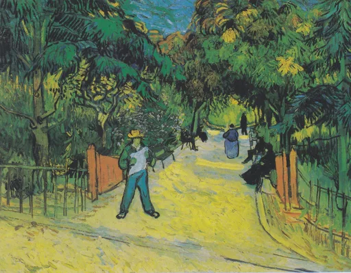 Handmáluð olíuafrit af Inngangi að almenningsgarðinum í Arles eftir Vincent van Gogh, sólríkur garðstígur með fígúrum undir trjám.