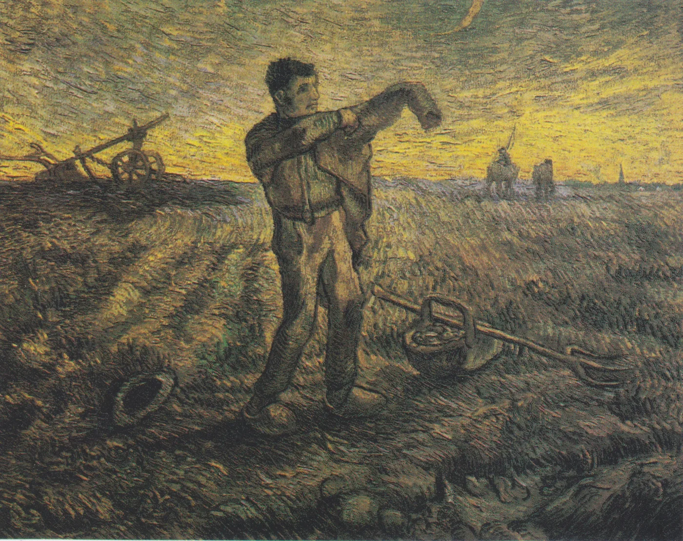 Χειροποίητη λαδομπογιά αναπαράσταση του έργου του Βίνσεντ βαν Γκογκ «Βράδυ, το τέλος της ημέρας, μετά τον Μιγέ», ένας κουρασμένος χωρικός που τεντώνεται το σούρουπο μπροστά σε ένα λαμπερό βραδινό ουρανό