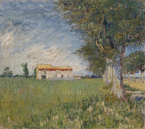 Handmáluð olíuafritun af Bóndabænum í hveitiakri eftir Vincent van Gogh, gamall bær sem rís upp meðal þroskaðs gyllts hveitis undir björtum himni