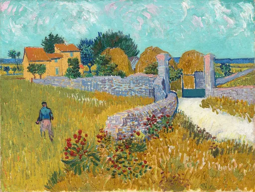 Handmáluð olíuafritun af verki Vincent van Goghs, Bóndabær í Provence, sólríkur bær í Arles og hveitiakrar undir björtum himni