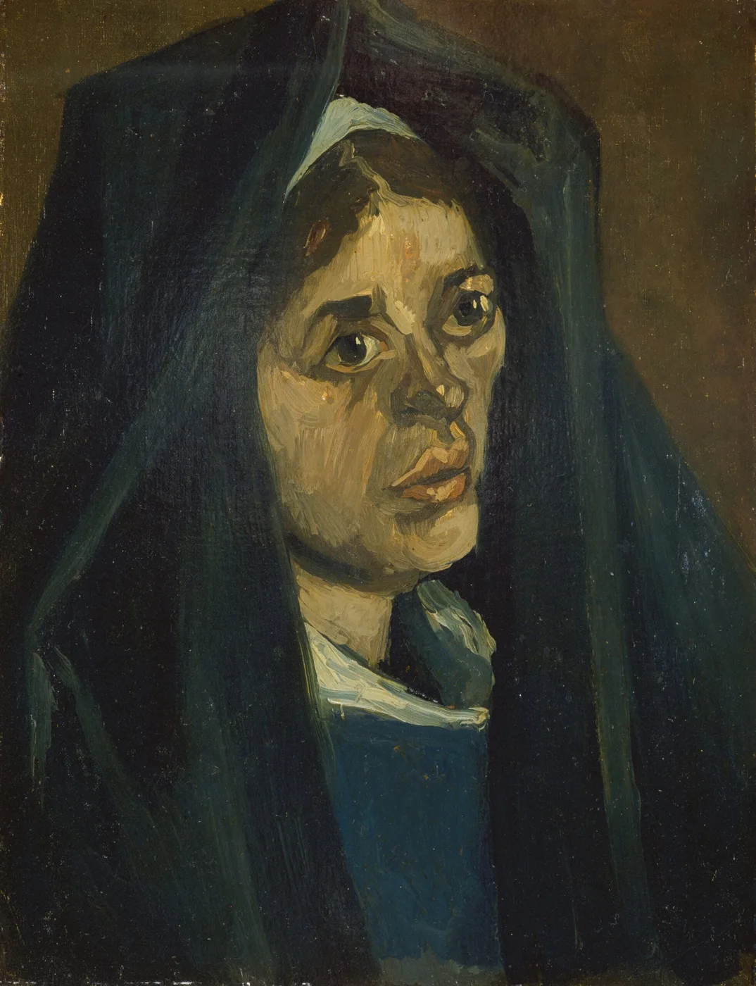 Ručně malovaná olejová reprodukce obrazu Vincenta van Gogha Hlava rolnice se zeleným šátkem, ošlehaná venkovská tvář zahalená do zeleného šátku proti tmavému pozadí.