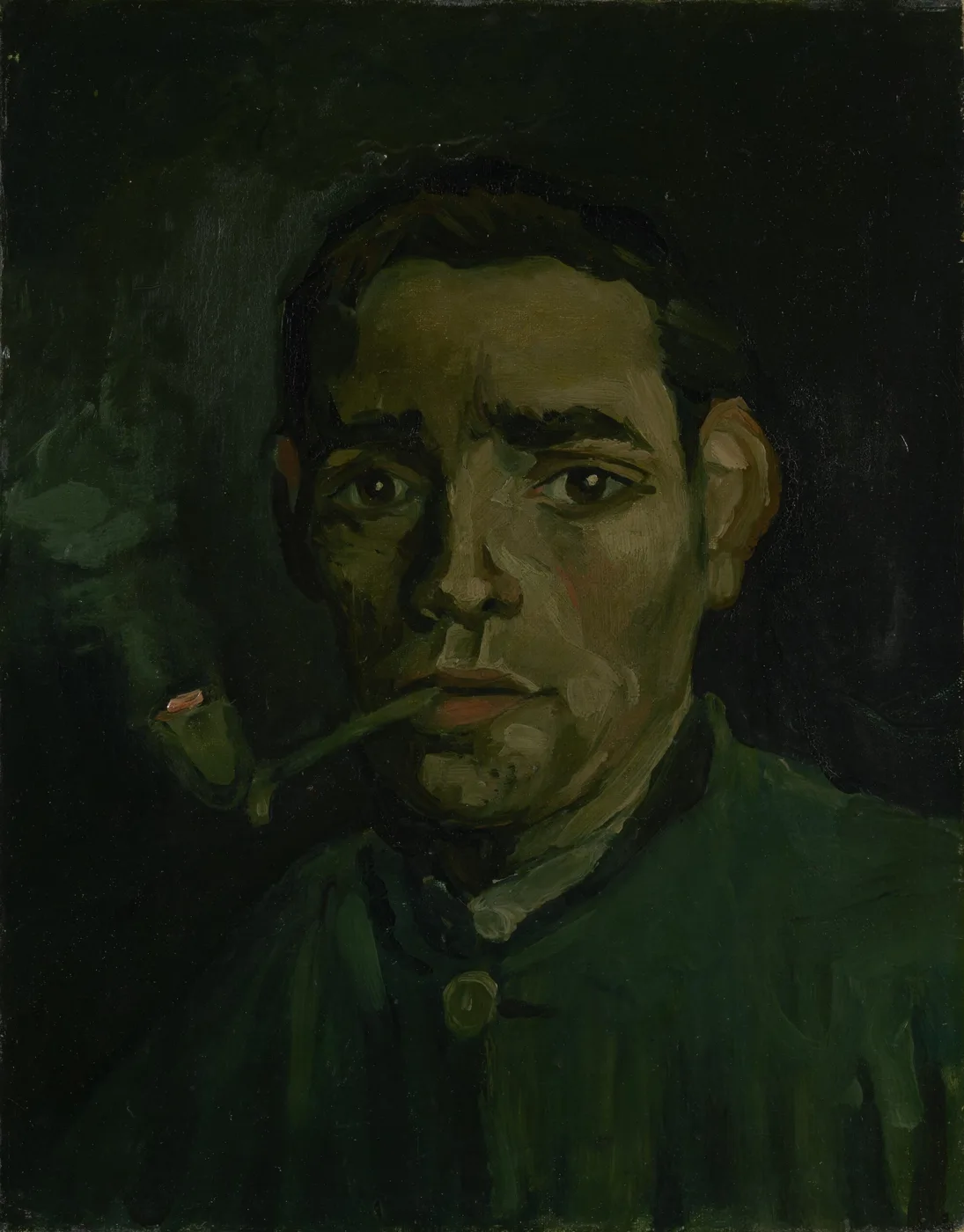 Handmáluð olíuafritun af Höfði ungs bónda með pípu eftir Vincent van Gogh, ungur dreifbýlismaður í húfu og reykir leirpípu
