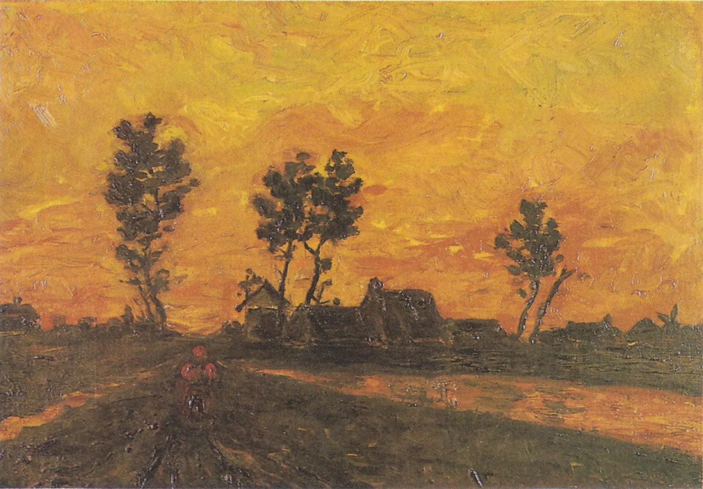 Handmáluð olíuafritun af verki Vincent van Goghs, Landslag við sólsetur, opið land undir himni litaðum heitum af sólsetrinu og myrkrum akrum fyrir neðan.