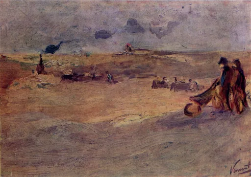 Χειροποίητη αναπαραγωγή σε λάδι του πίνακα του Βίνσεντ βαν Γκογκ «Τοπίο με αμμόλοφους και μορφές», μικρές φιγούρες διάσπαρτες στους πλατιούς κυματιστούς αμμόλοφους κάτω από έναν φαρδύ γκρίζο ουρανό.