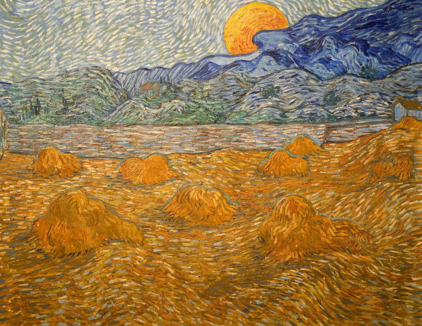 Handmáluð olíuafritun af Landslagi með hveitikögglum og rísandi tungli eftir Vincent van Gogh, bundnir kaggar á akri undir risastóru appelsínugulu tungli.