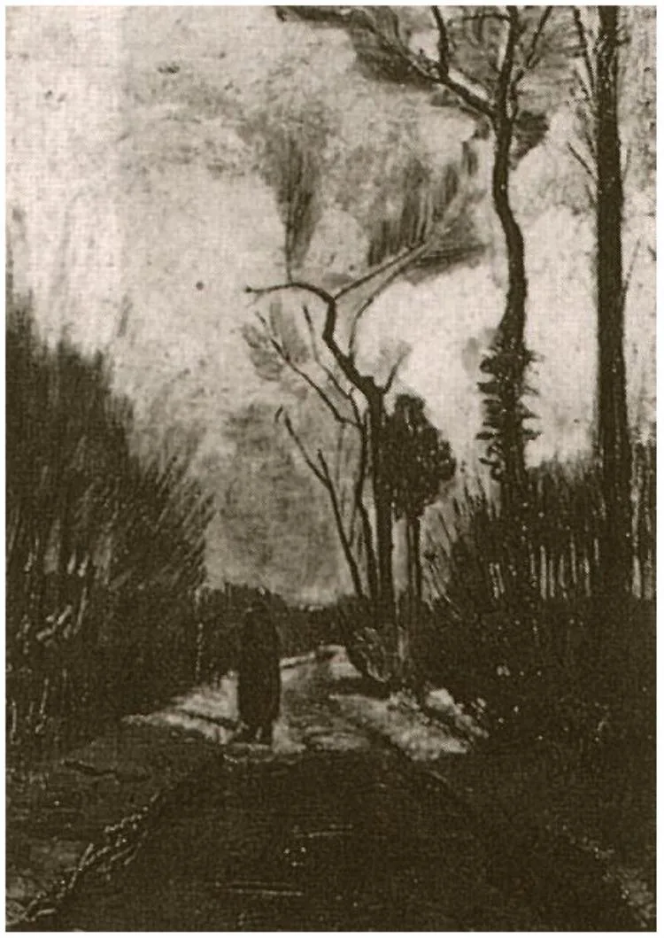 Ručně malovaná olejová reprodukce obrazu Vincenta van Gogha Podzimní cesta, stromořadí v teplých rezavých podzimních barvách.