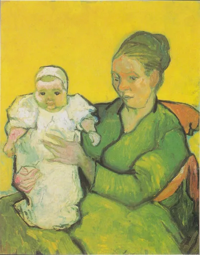 Käsin maalattu öljyjäljennös Vincent van Goghin teoksesta Madame Augustine Roulin vauvan kanssa, jossa äiti pitää sylissään pientä tytärtään vihreää taustaa vasten.