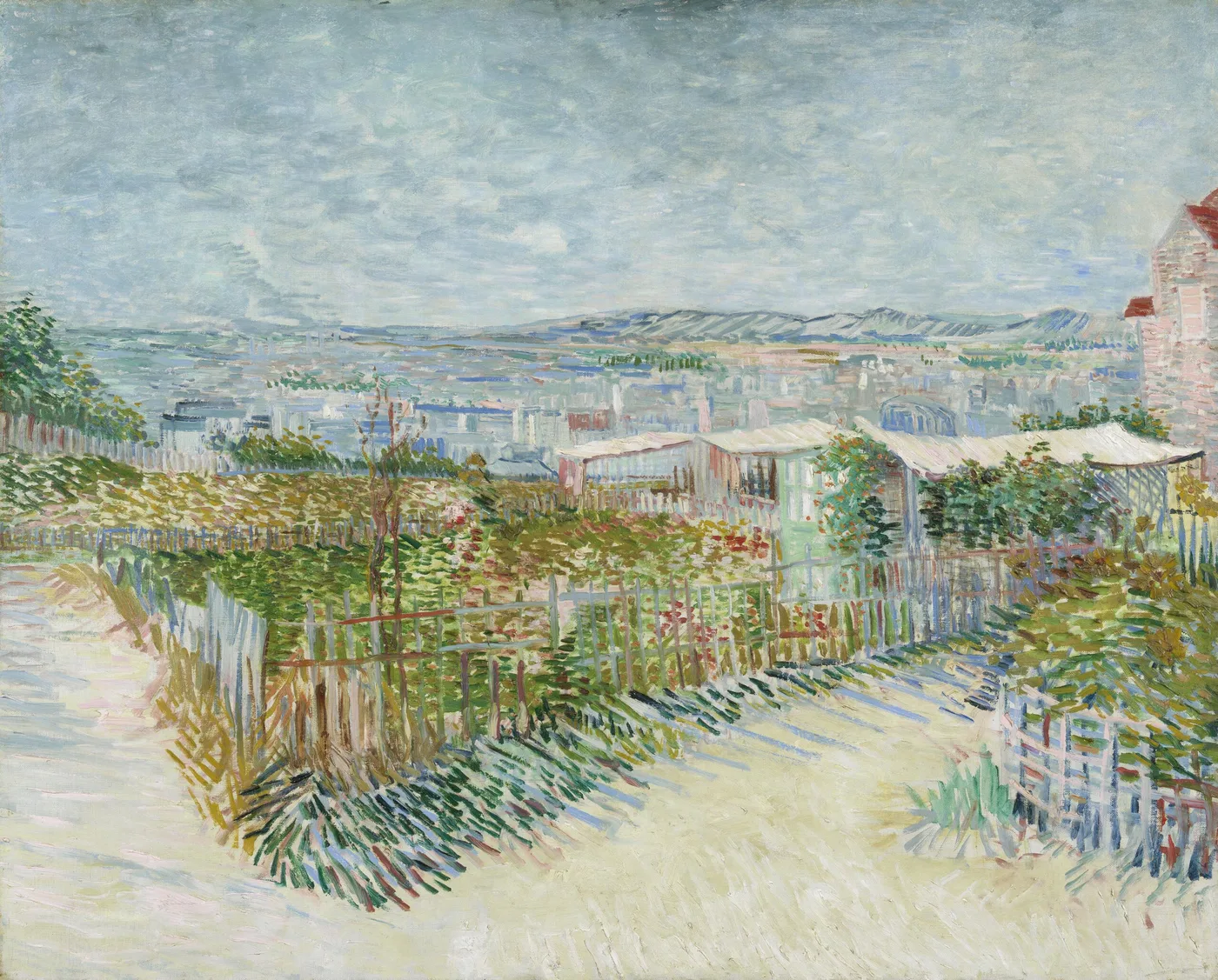 Käsin maalattu öljykopio Vincent van Goghin teoksesta Montmartre Behind the Moulin de la Galette, rinteessä aitoja, polkuja ja hahmoja laajan taivaan alla