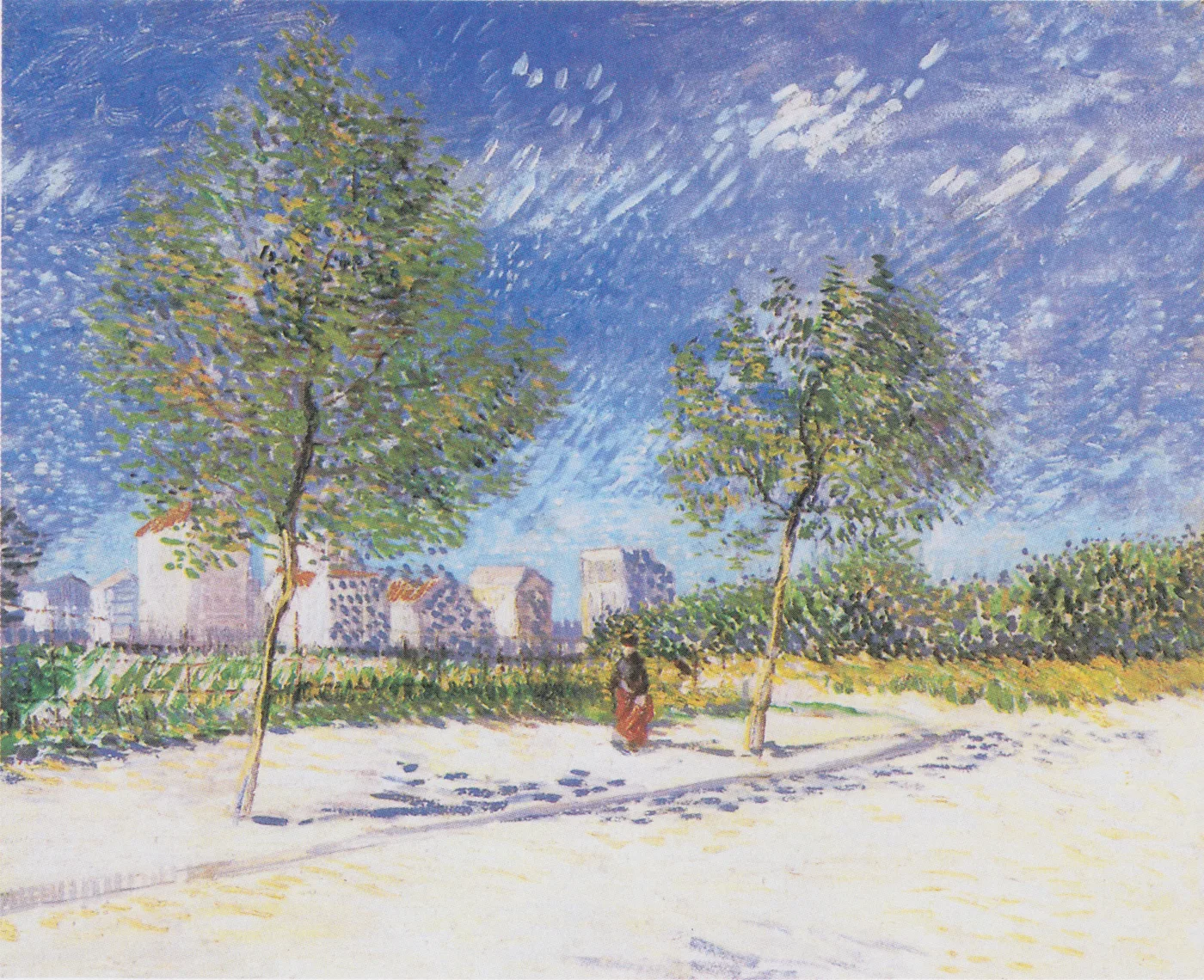 רפרודוקציית שמן מצוירת ביד של 'בפאתי פריז' של וינסנט ואן גוך, אדמה פתוחה וחשופה בקצה העיר עם שבילים ודמויות קטנות תחת שמיים רחבים