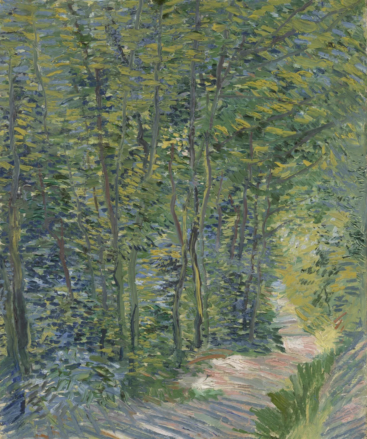 Ručně malovaná olejová reprodukce obrazu Vincenta van Gogha Cesta v lese, cesta vinoucí se do hustého zeleného letního lesa prosvětleného slunečními paprsky