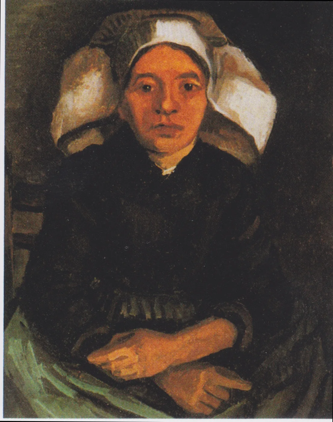 Ručně malovaná olejová reprodukce obrazu Vincenta van Gogha Selka v polopostavě vsedě, venkovská žena sedící a klidná, zobrazená v poloviční délce proti tmavému pozadí.