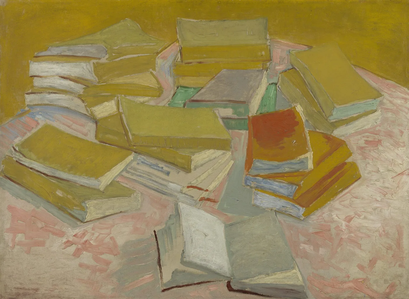 Handmáluð olíumynd af eftirmynd eftir Vincent van Gogh, hrúgur af frönskum skáldsögum, hrúgur af björtum gulum kiljum sem eru viftulaga og staflað á borði.