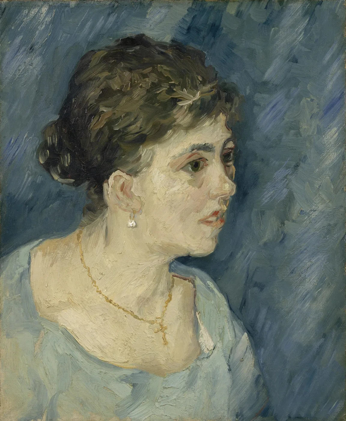 نسخة طبق الأصل مرسومة بالزيت يدويًا من لوحة فنسنت فان جوخ 'بورتريه امرأة'، وجه امرأة ريفية بألوان ترابية عميقة على خلفية داكنة