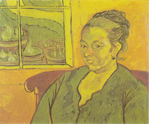 Käsin maalattu öljyjäljennös Vincent van Goghin teoksesta 'Augustine Roulinin muotokuva', postimiehen vaimo vihreässä mekossa värikästä taustaa vasten