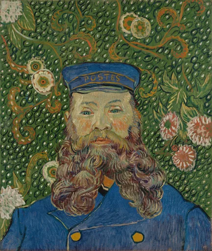 Käsin maalattu öljyvärijäljennös Vincent van Goghin teoksesta Joseph Roulinin muotokuva, parrakas postinkantaja sinisessä univormussa vihreiden ja vaaleanpunaisten kukkakuvioiden taustalla