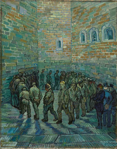רפרודוקציית שמן מצוירת ביד של ואן גוך, אסירים מתעמלים, אסירים הולכים במעגל בתוך חומות כלא גבוהות בצבע כחול-אפור