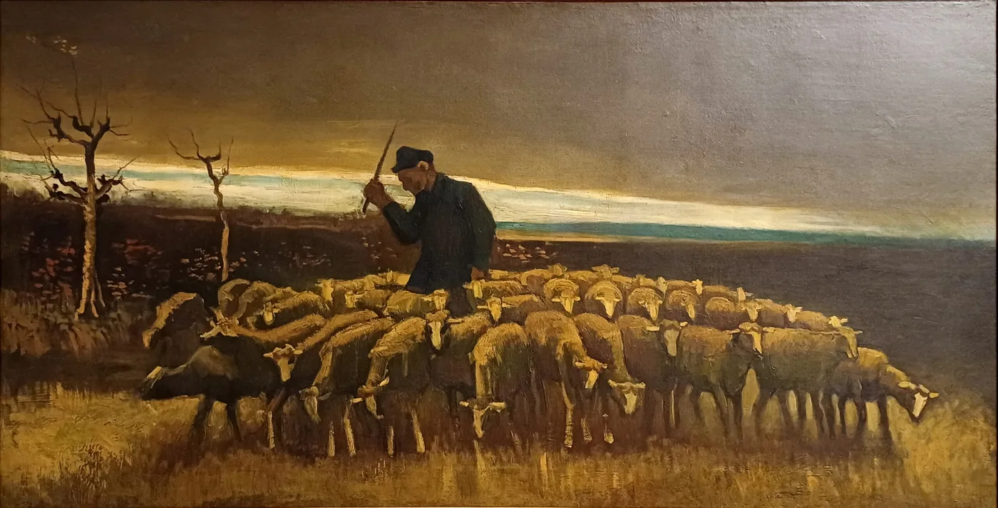 Ručně malovaná olejová reprodukce obrazu Vincenta van Gogha Pastýř se stádem ovcí, pastýř pohánějící své stádo přes širokou nízkou vřesoviště