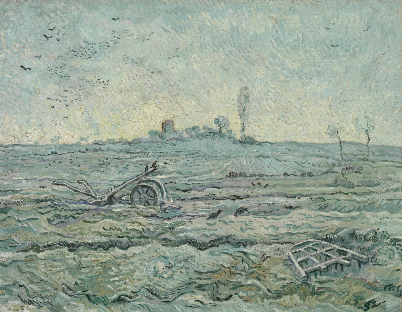 Handmáluð olíumynd af eftirmynd eftir Vincent van Gogh, snæviþakið akur með herfi eftir Millet, viðarherfi á snæviþökum akri undir köldum fölum himni.