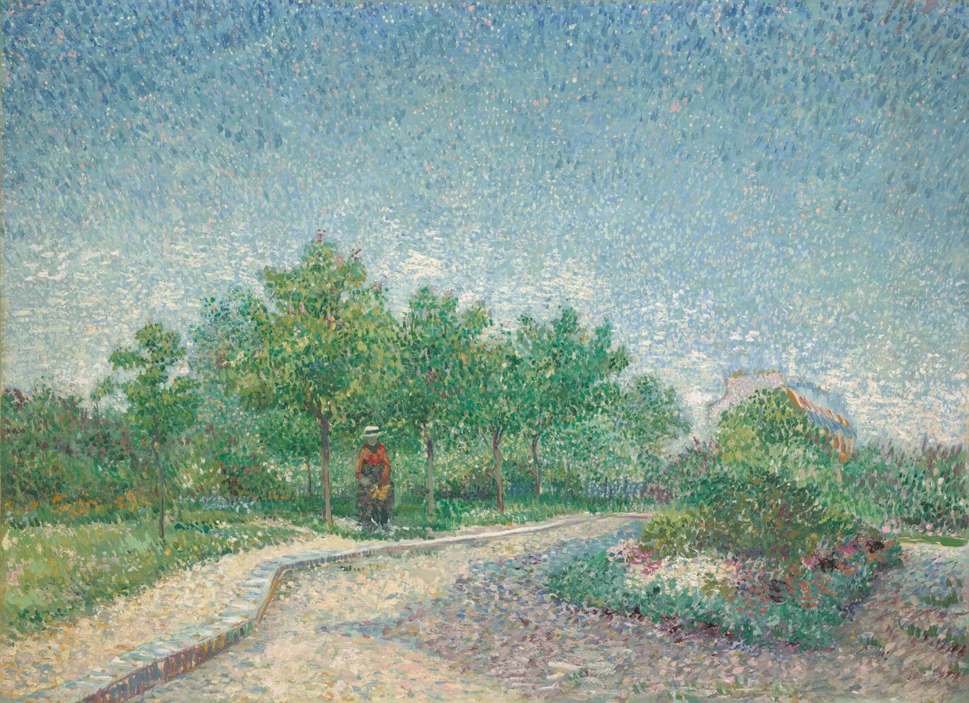 Handmáluð olíuafritun af 'Square Saint-Pierre Paris' eftir Vincent van Gogh, grænn opinber torg með grasflötum, trjám og gangandi fólki sem skín í ferskum litum