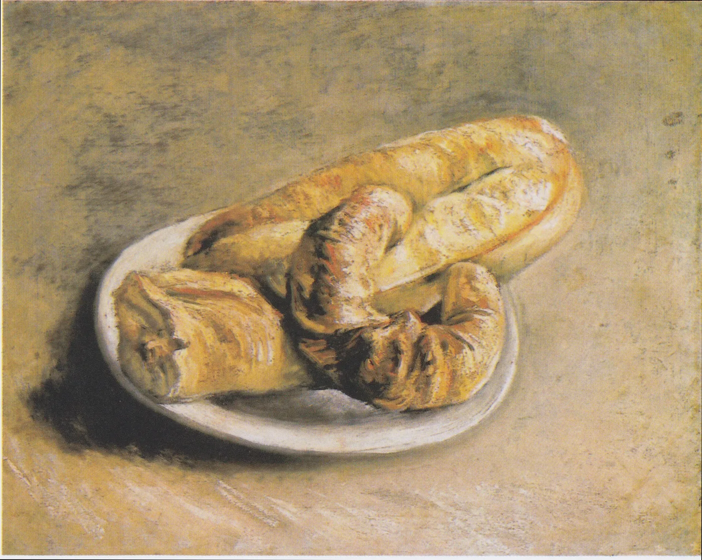 Ručně malovaná olejová reprodukce obrazu Vincenta van Gogha Zátiší s talířem s chlebem, jednoduché housky na talíři na světlém pozadí