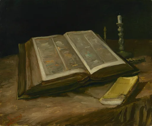 Χειροποίητη αναπαραγωγή σε λάδι του έργου του Βίνσεντ βαν Γκογκ «Νεκρή φύση με Βίβλο», μια μεγάλη ανοιχτή οικογενειακή Βίβλος δίπλα σε ένα μικρό φθαρμένο κίτρινο μυθιστόρημα πάνω σε τραπέζι