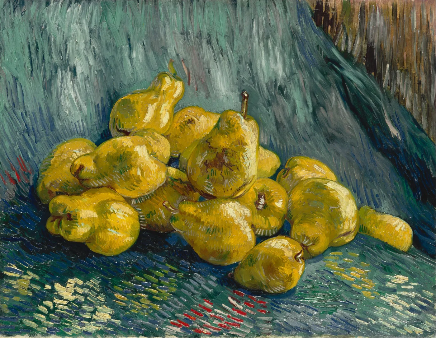 Handmáluð olíuafritun af Kyrralífi með kveðnum eplum eftir Vincent van Gogh, skál af þroskuðum gul-gylltum kveðnum eplum sem ljóma gegn mjúkum grunni